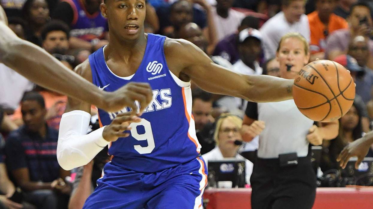 RJ Barrett #8 of the New York Knicks brings the ball up the court against the Phoenix Suns during the 2019 NBA Summer League