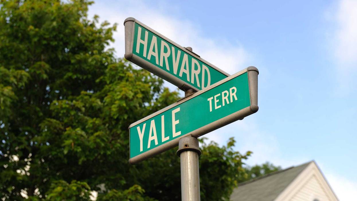 Road signs for Harvard and Yale.