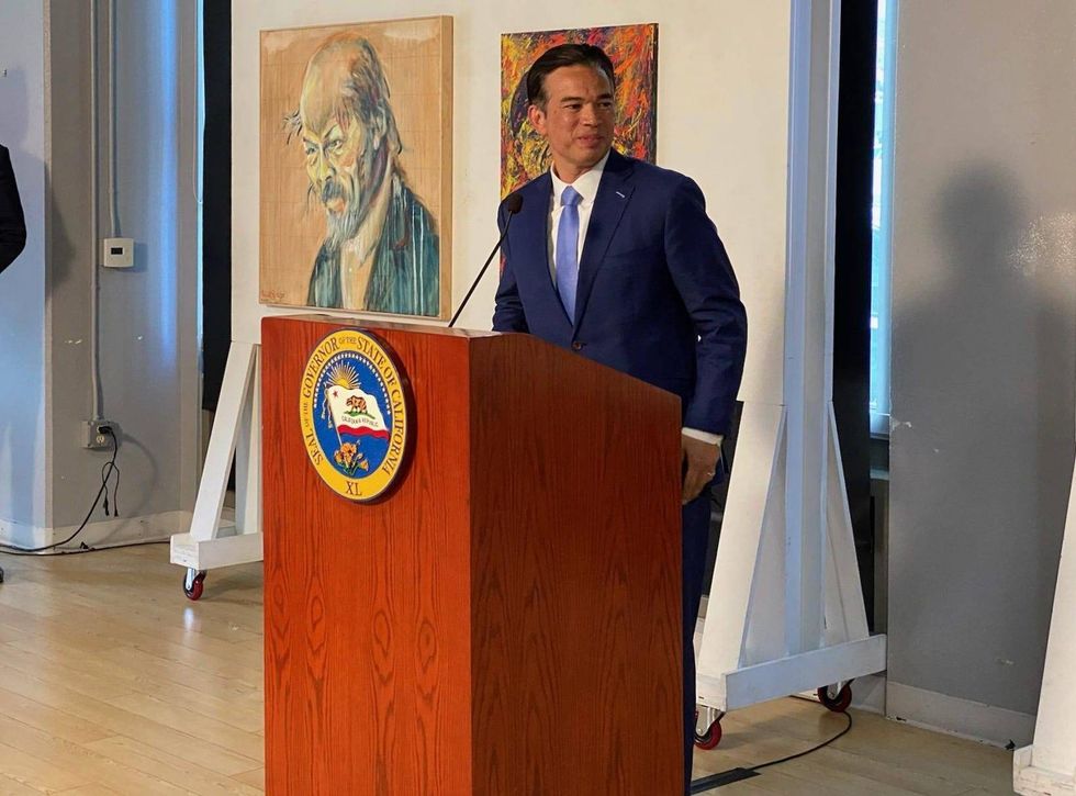 Rob Bonta speaks to the media on Wednesday after Gov. Gavin Newsom nominated him as California