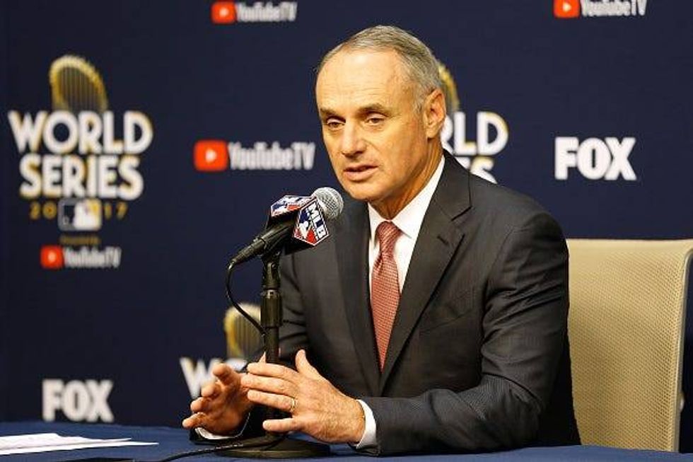 Rob Manfred speaks at a press conference before the 2017 World Series