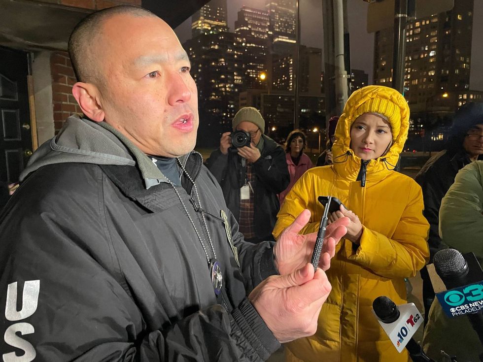 Robert Clark, the supervisory deputy for the U.S. Marshals Fugitive Task Force (left), shows members of the press the tool that was found on Shane Pryor, which he used to unlock handcuffs, Jan. 28, 2024.