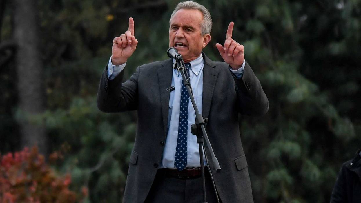 Robert Kennedy Jr speaks to a crowd protesting the green pass in Milan, Italy, on November 13, 2021.(Photo by Claudio Furlan / LaPresse / Sipa USA)