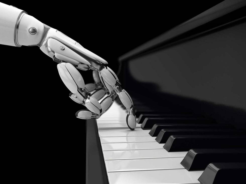 Robot hand presses the key on the piano, the machine learning technology. 3D illustration.