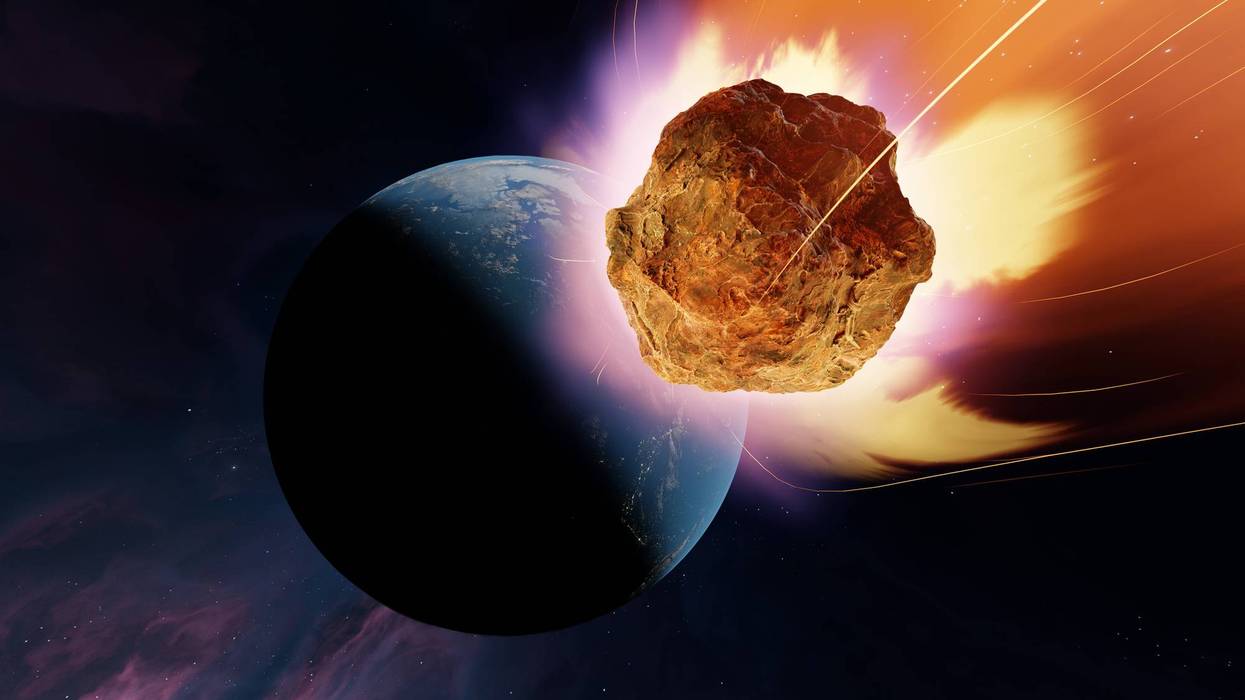 rock heads toward Earth, showing a bright trail as it approaches the planet. impact creates a scene of force and energy in outer space. This event captures cosmic activity. 3d render