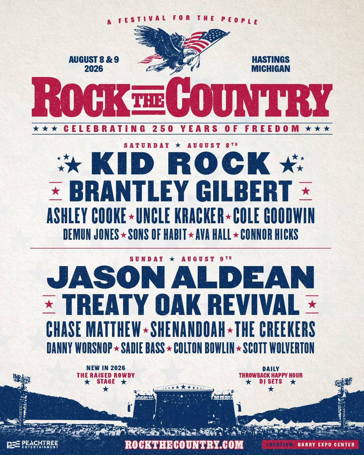 Rock The Country festival poster with an eagle, American flag, listing Kid Rock & Jason Aldean.