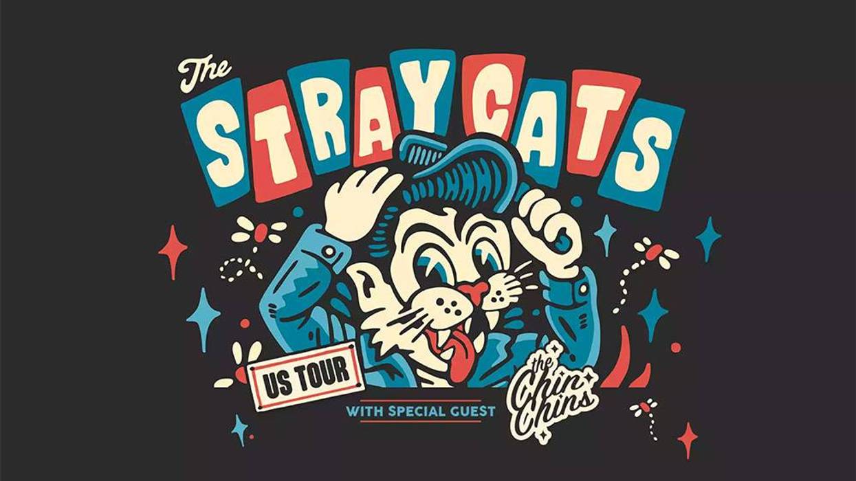 Rockabilly poster for The Stray Cats US Tour, featuring a cat with a pompadour, and The Chin Chins.