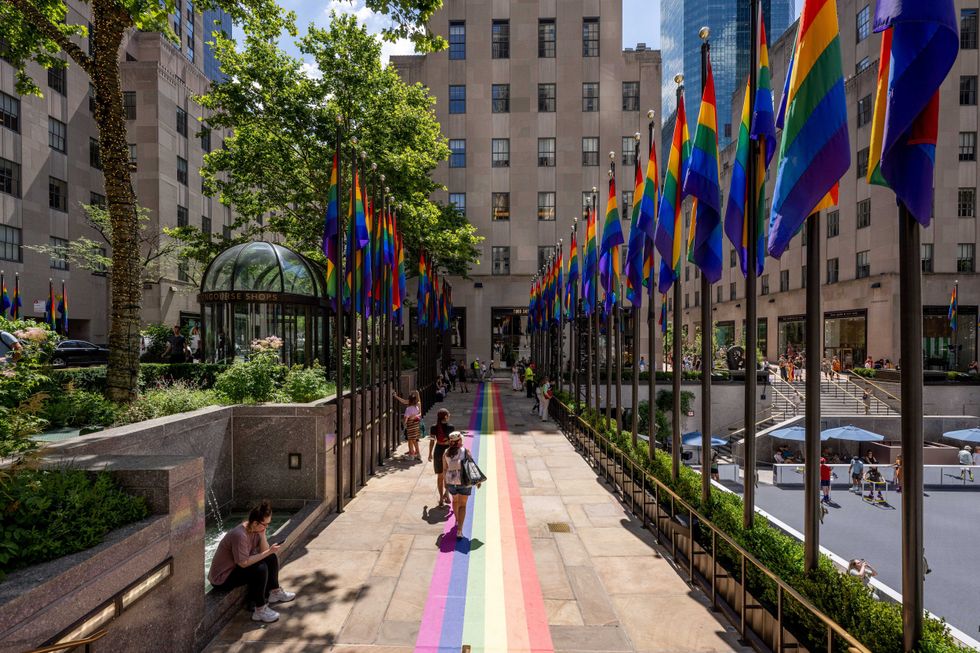 Rockefeller Plaza is decorated with Pride flags to celebrate Pride month on June 29, 2022 in New York City.