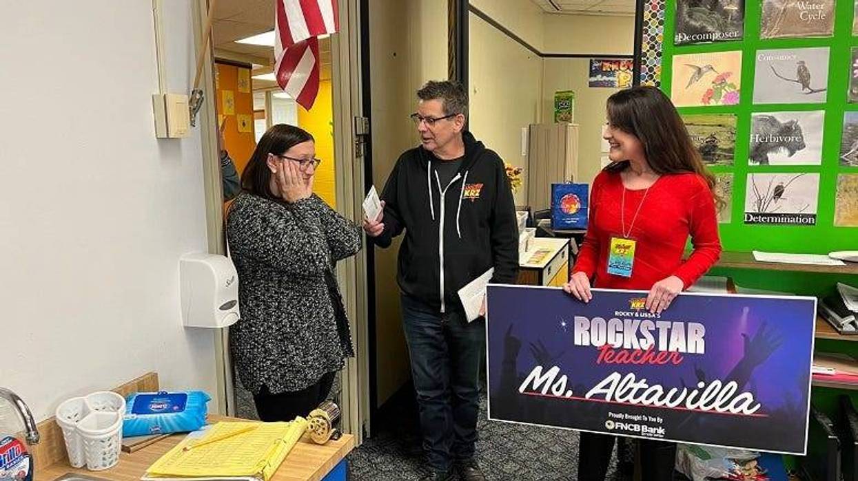 Rocky & Lissa surprising November Rockstar Teacher winner