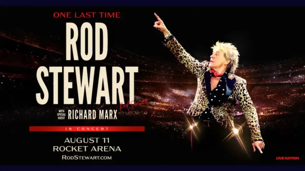 Rod Stewart concert poster: He's in a leopard print jacket, pointing. Richard Marx is special guest.