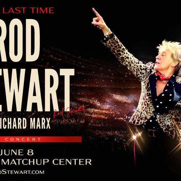 Rod Stewart 'One Last Time' concert poster: Rod in leopard print jacket pointing, with Richard Marx.