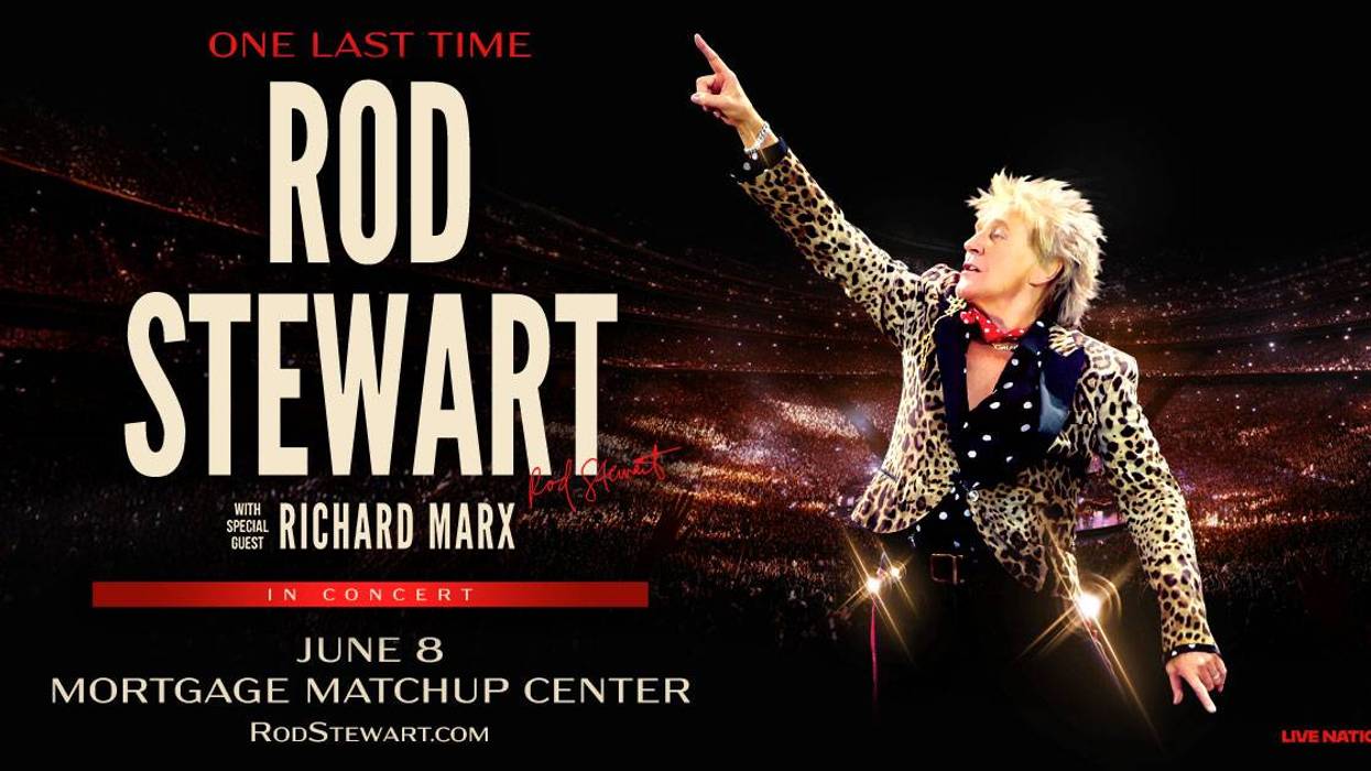 Rod Stewart 'One Last Time' concert poster with Richard Marx. Rod in leopard print, pointing to crowd.