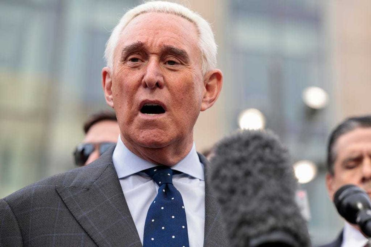Roger Stone, a former adviser and confidante to former U.S. President Donald Trump, addresses reporters in front of the Thomas P. O'Neill Jr. Federal Building after his deposition before the House Select Committee investigating the January 6th Attack on the United States Capitol on December 17, 2021 in Washington, DC.