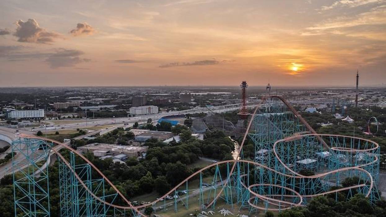Rollercoaster at Six Flags Over Texas in Arlington, Texas at sunsetq