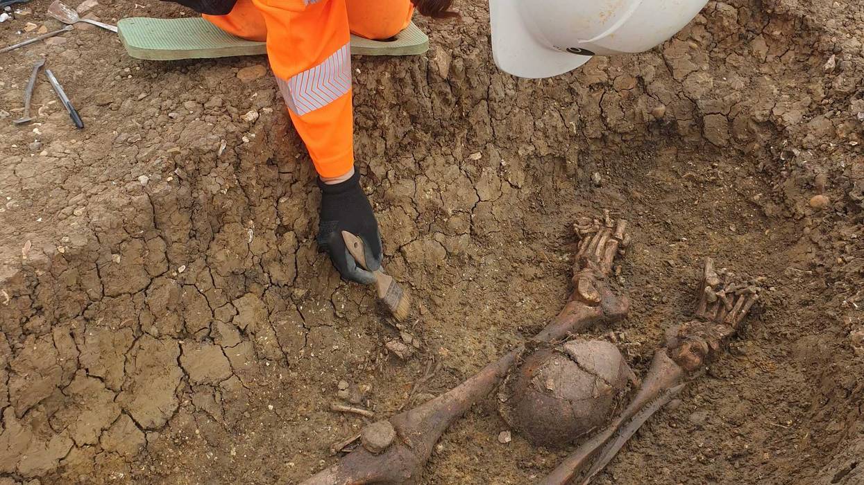 Roman skeleton with head placed between legs uncovered during archaeological excavations at Fleet Marston, near Aylesbury, Buckinghamshire. Excavations took place during 2021.