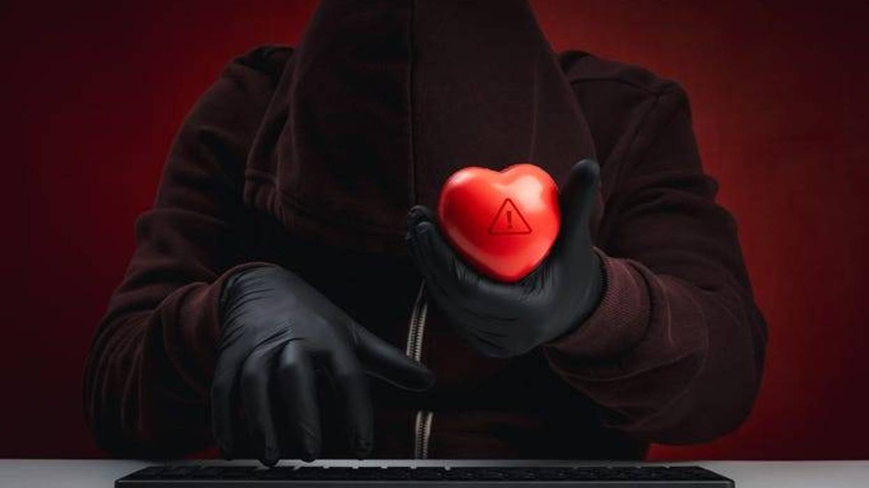 Romance scam concept showing anonymous hacker in dark hoodie holding red heart with warning icon, symbolizing online love fraud, emotional manipulation, and cyber deception in dating scams.