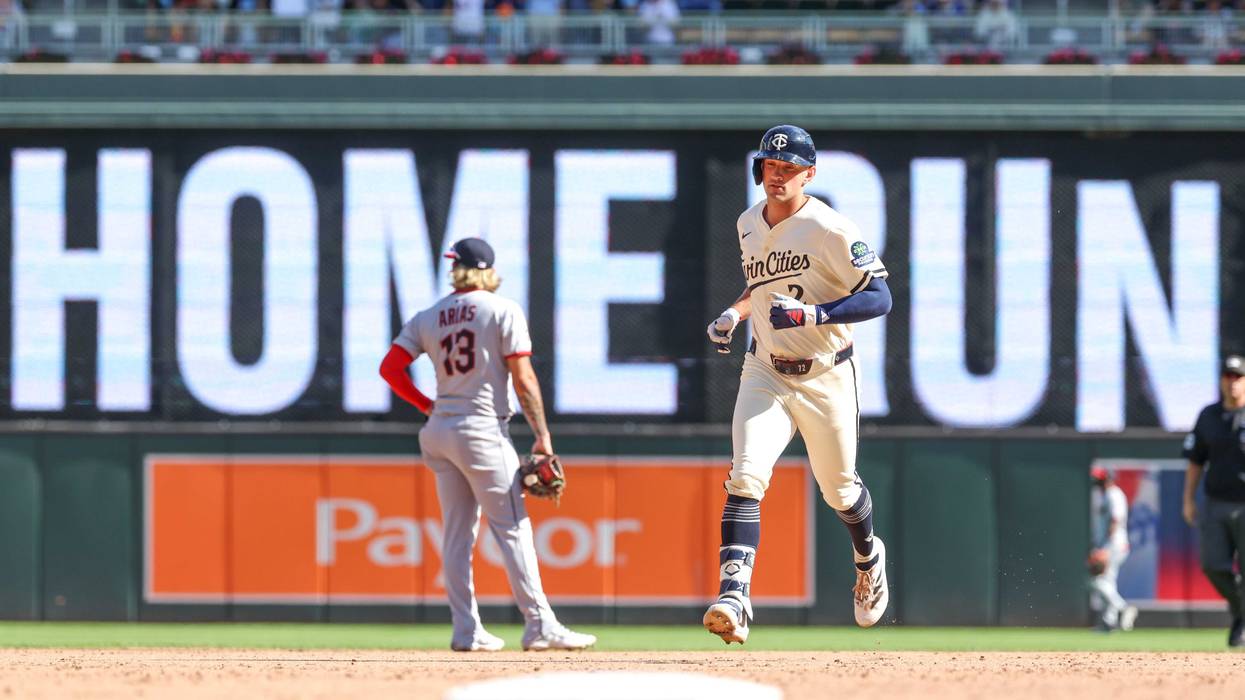 rooks Lee #2 of the Minnesota Twins celebrates a two-run home run against the Cleveland Guardians in the sixth inning at Target Field on September 21, 2025 in Minneapolis, Minnesota.