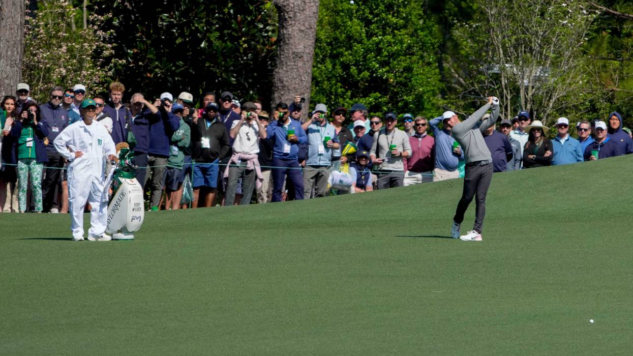 Rory McIlroy plays his ball on no. 2 during a practice round of the Masters Tournament at Augusta National Golf Club
