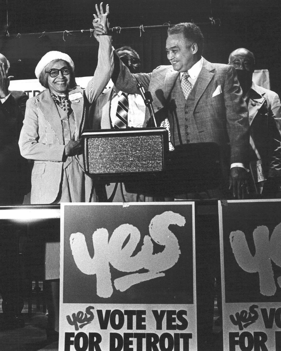Rosa Parks and Detroit Mayor Coleman Young at a rally in June 1981