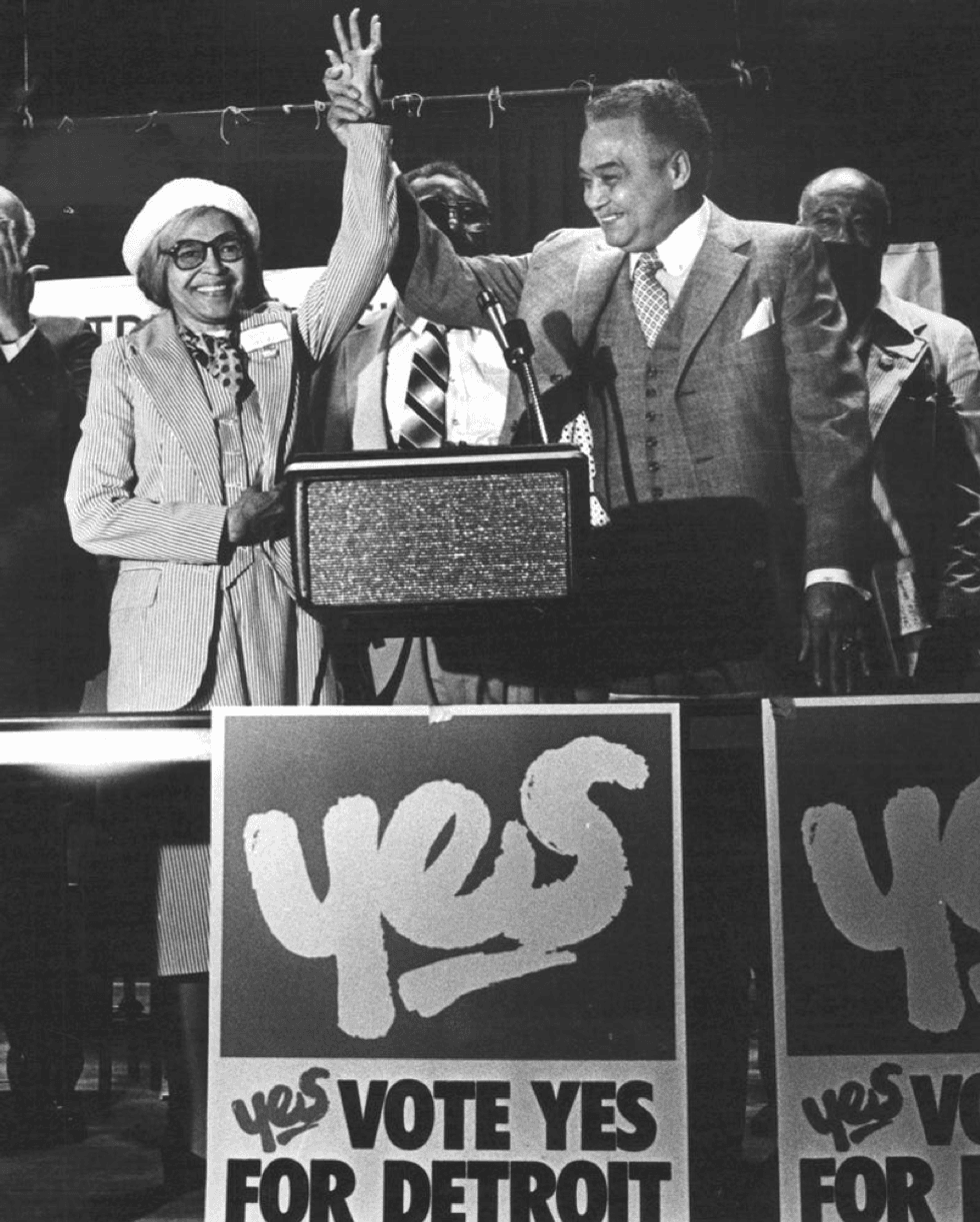 Rosa Parks and Detroit Mayor Coleman Young at a rally in June 1981.