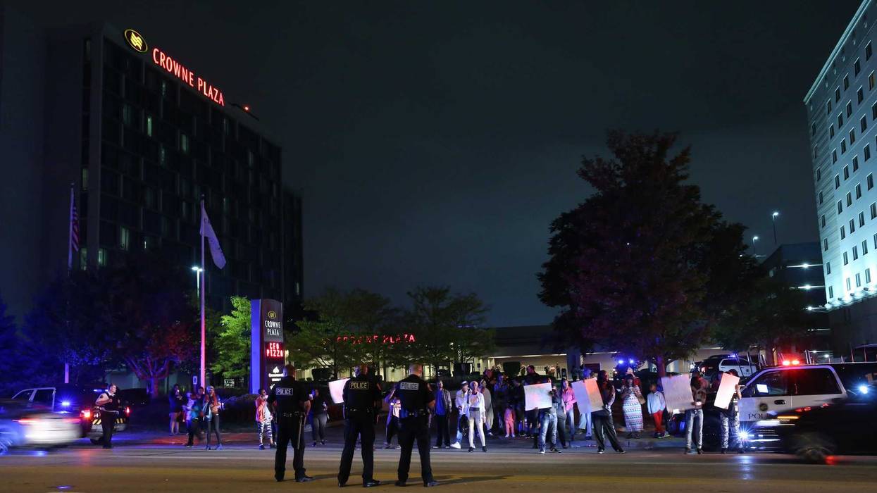 Rosemont hotel with police and crowds in 2017
