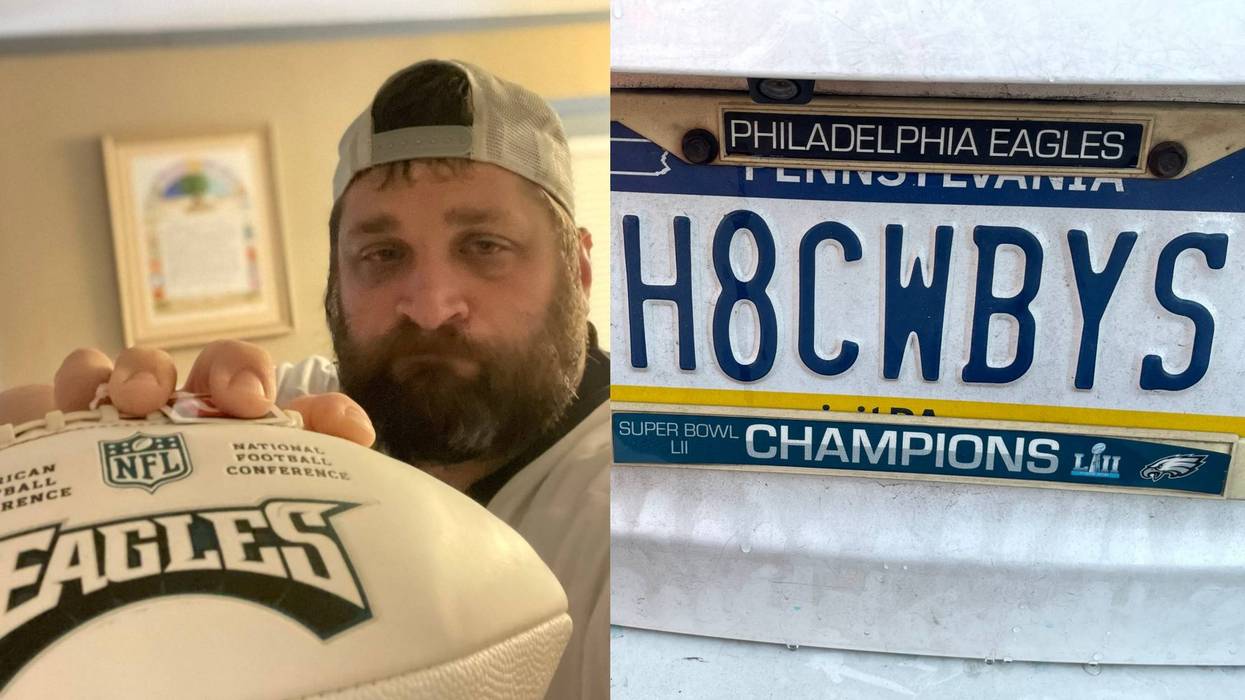Ross Klinger on the left holding an Eagles football and his license plate that reads 'H8CWBYS'