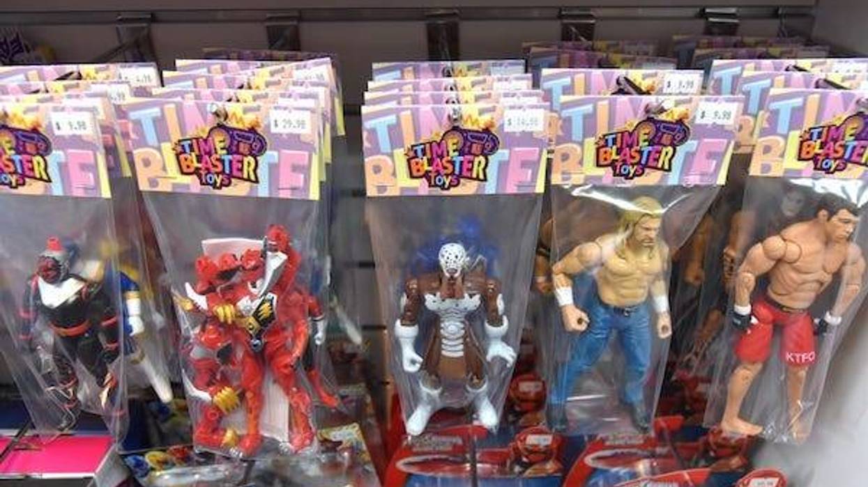Row of action figures in plastic baggies