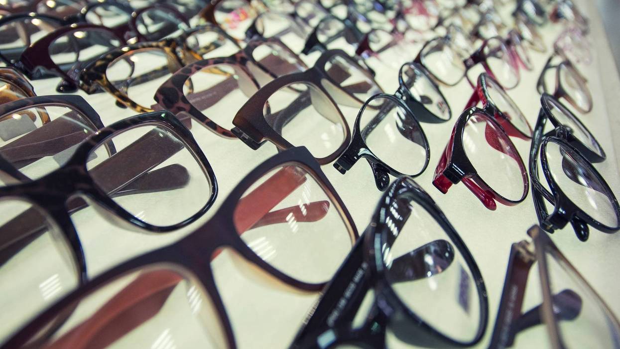 Row of glasses at an opticians. Eyeglasses shop