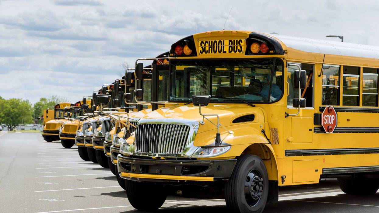 Row of school busses parked.