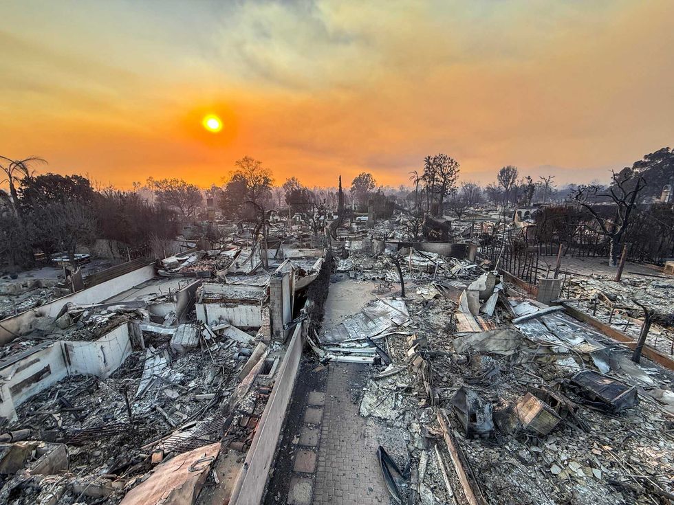 Rows of destroyed homes during the Palisades Fire in the Alphabet Streets neighborhood of Pacific Palisades, CA, on Thursday, January 9, 2025