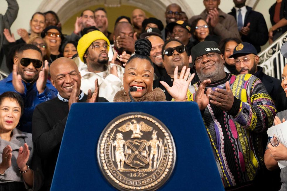 Roxanne Shanté speaking at City Hall to announce hip hop 50th anniversary events.