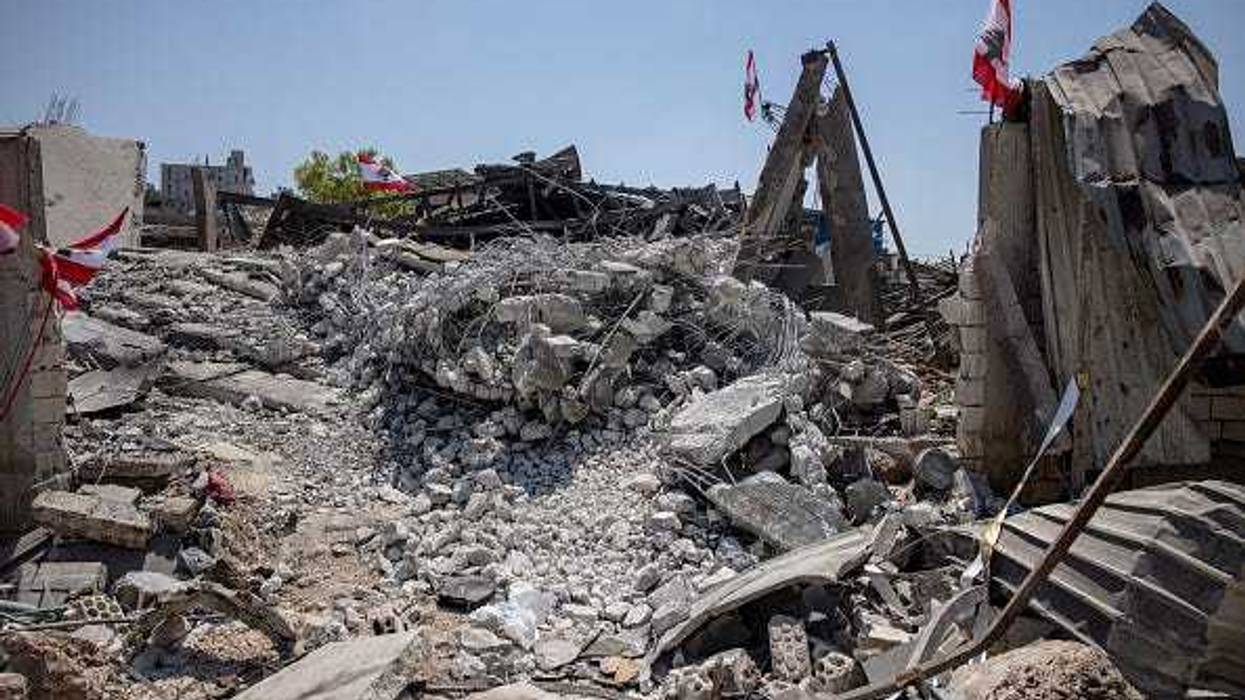 Rubble of a factory destroyed by an Israeli airstrike on August 17, that killed ten Syrian nationals is seen on August 18, 2024 in Nabatieh, Lebanon.