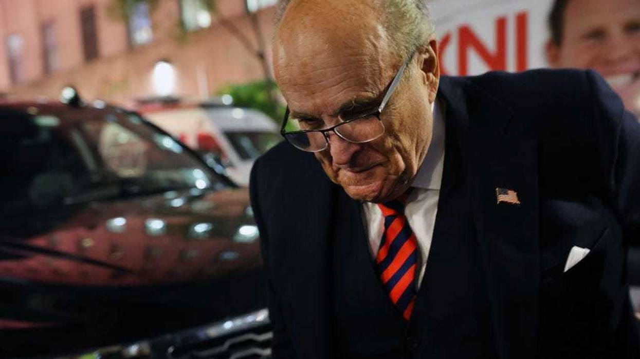 Rudy Giuliani appears in support of his son, New York Republican gubernatorial primary candidate Andrew Giuliani, at an election night watch party in Manhattan on June 28, 2022 in New York City.