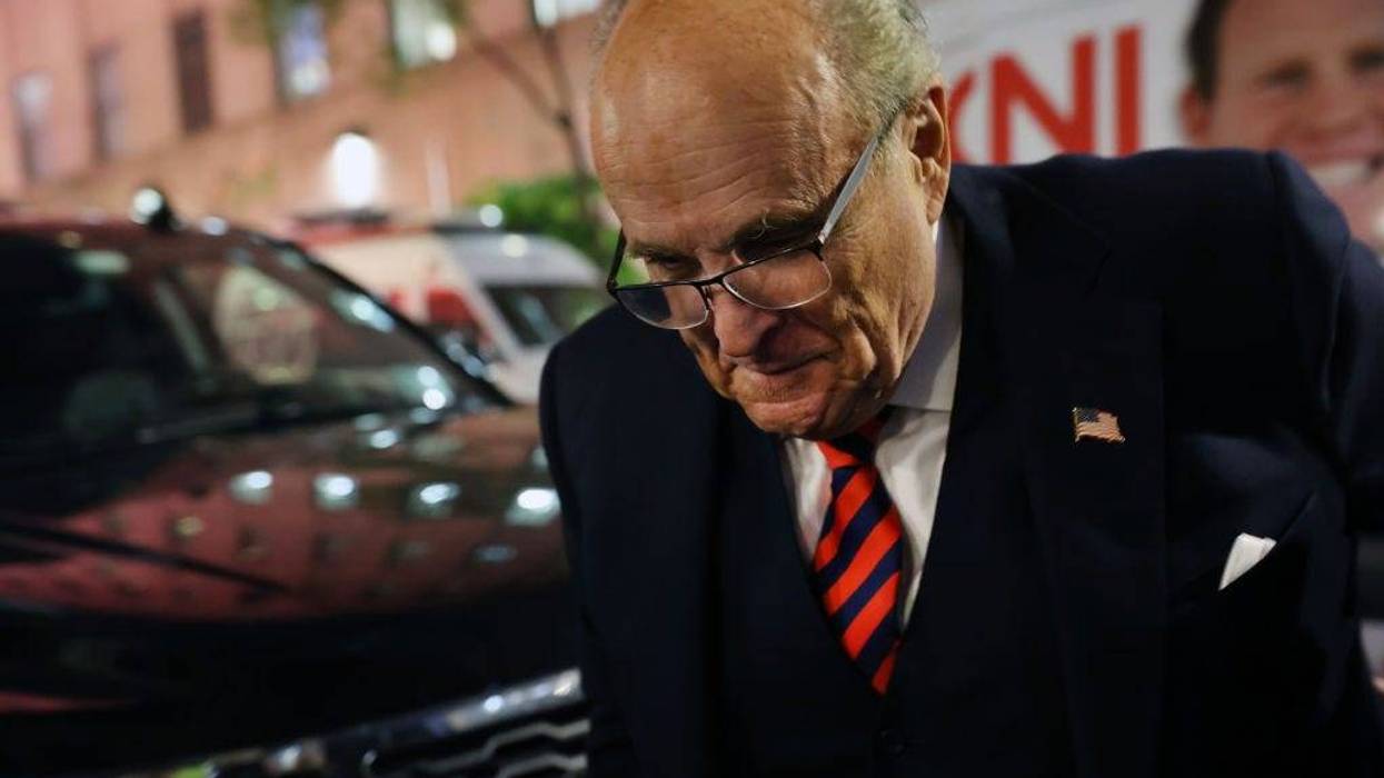 Rudy Giuliani appears in support of his son, New York Republican gubernatorial primary candidate Andrew Giuliani, at an election night watch party in Manhattan on June 28, 2022 in New York City.