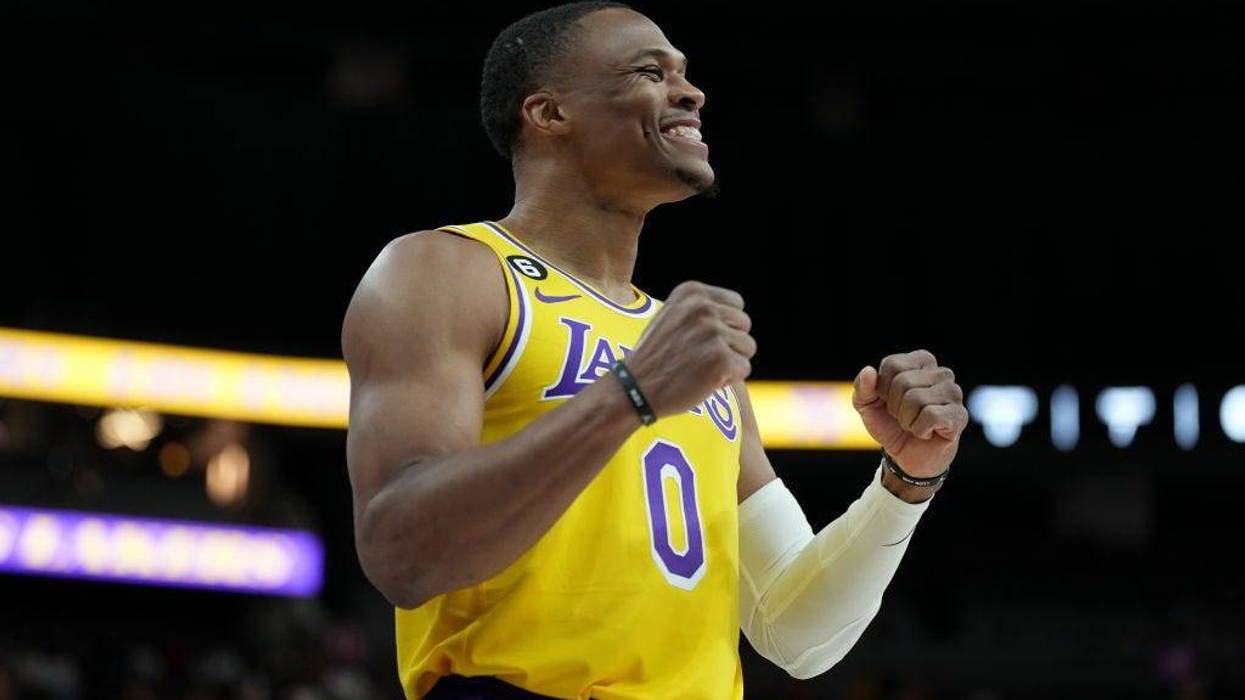 Russell Westbrook #0 of the Los Angeles Lakers smiles before a preseason game on October 5, 2022, at T-Mobile Arena in Las Vegas.