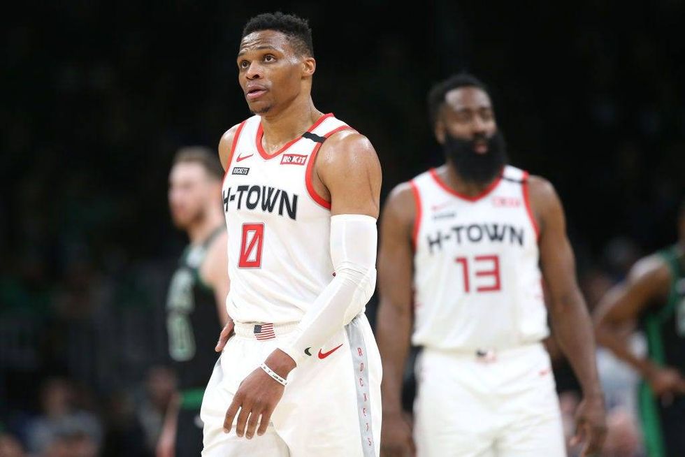Russell Westbrook walks away during a game between the Rockets and Celtics.