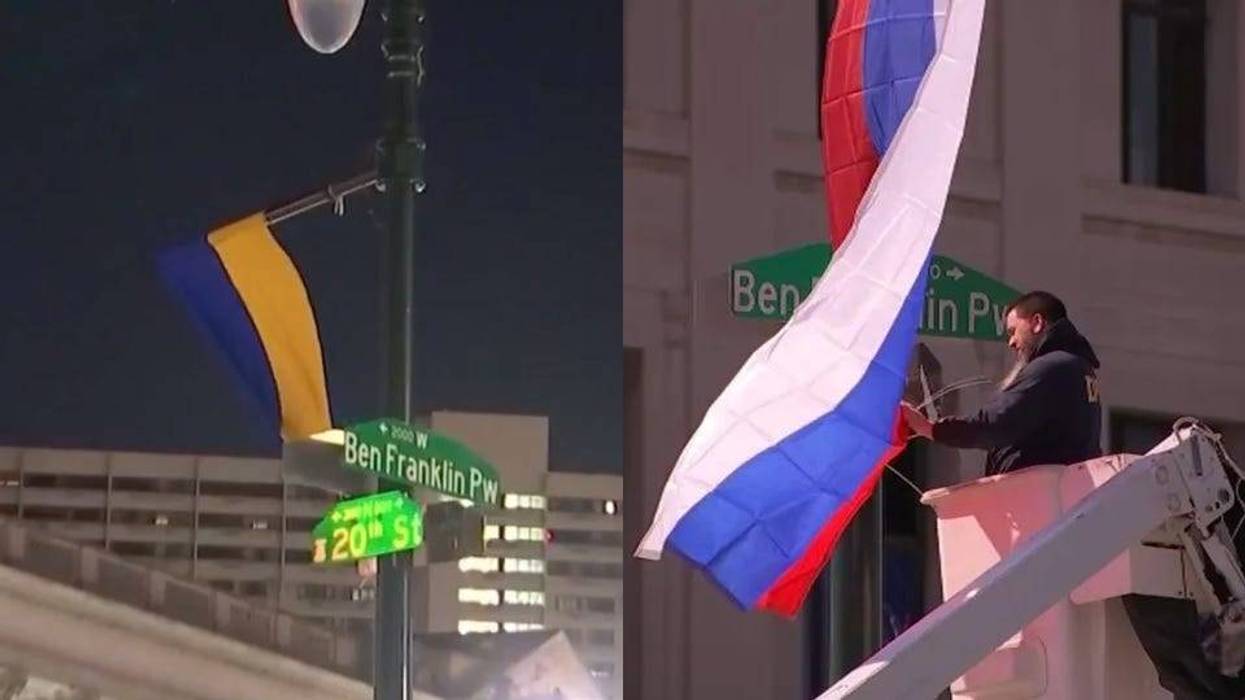 Russian flag along Ben Franklin Parkway replaced by Ukrainian one