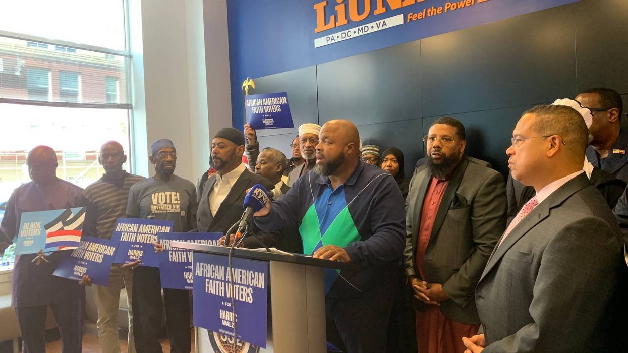 Ryan Boyer speaks at an event announcing the League of Muslim Voters of the Delaware Valley's endorsement of Kamala Harris for president.