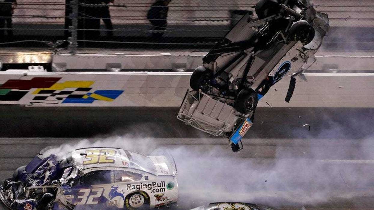 Ryan Newman (6) goes airborne after crashing into Corey LaJoie (32) during the NASCAR Daytona 500 auto race Monday, Feb. 17, 2020, at Daytona International Speedway in Daytona Beach, Fla. Sunday's running of the race was postponed by rain.