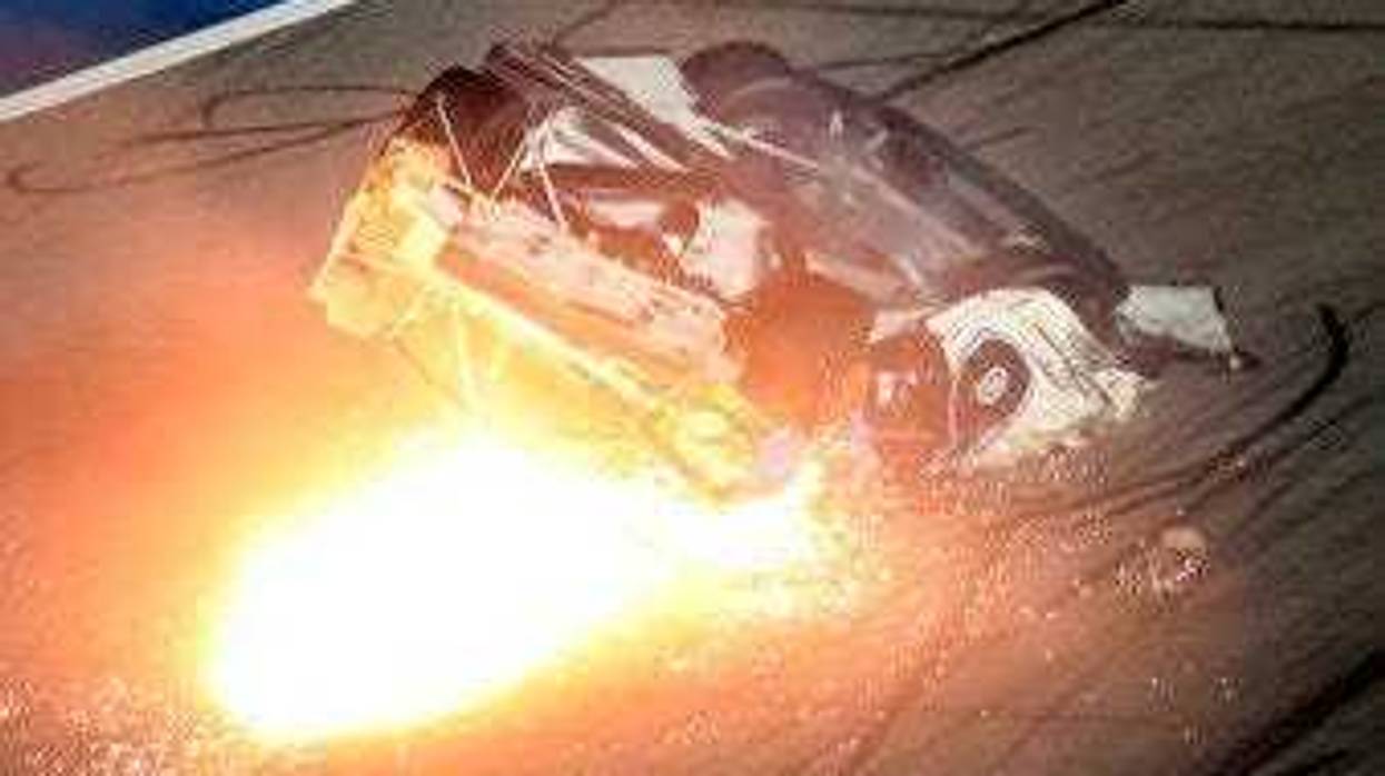 Ryan Newman slides down the track after he was involved in a crash on the final lap of the NASCAR Daytona 500 auto race at Daytona International Speedway, Monday, Feb. 17, 2020, in Daytona Beach, Fla. (AP Photo/David Graham)