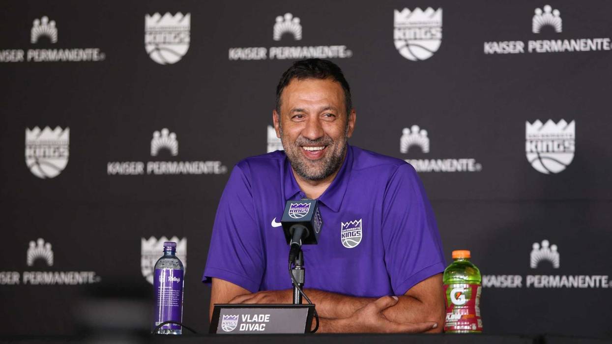 Sacramento Kings vice president of basketball Vlade Divac laughs during an introduction press conference at Golden 1 Center.