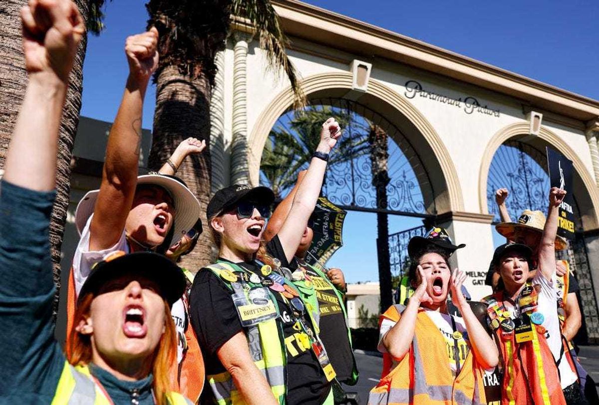 SAG-AFTRA members chant outside Paramount Studios on day 118 of their strike against the Hollywood studios on November 8, 2023 in Los Angeles, California.