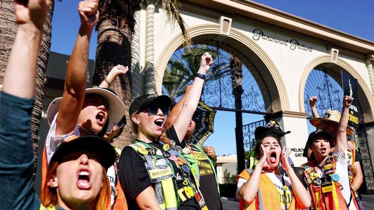SAG-AFTRA members chant outside Paramount Studios on day 118 of their strike against the Hollywood studios on November 8, 2023 in Los Angeles, California.