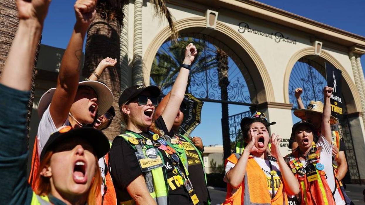 SAG-AFTRA members chant outside Paramount Studios on day 118 of their strike against the Hollywood studios on November 8, 2023 in Los Angeles, California.