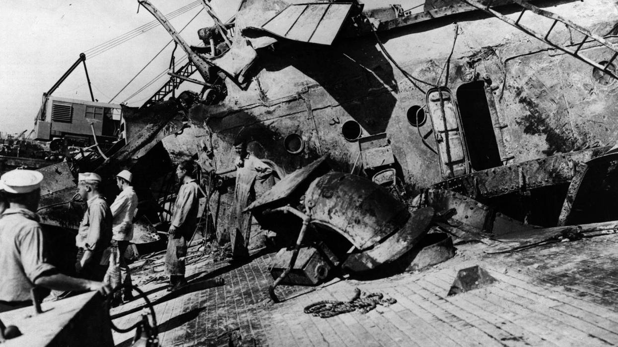 Salvage crew on the deck of the USS Oklahoma