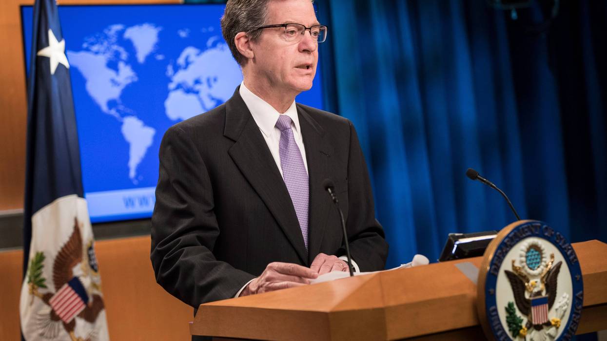 Sam Brownback, delivers remarks following a briefing from U.S. Secretary of State Mike Pompeo on the 2018 International Religious Freedom Annual Report at the State Department on June 21, 2019 in Washington, DC.