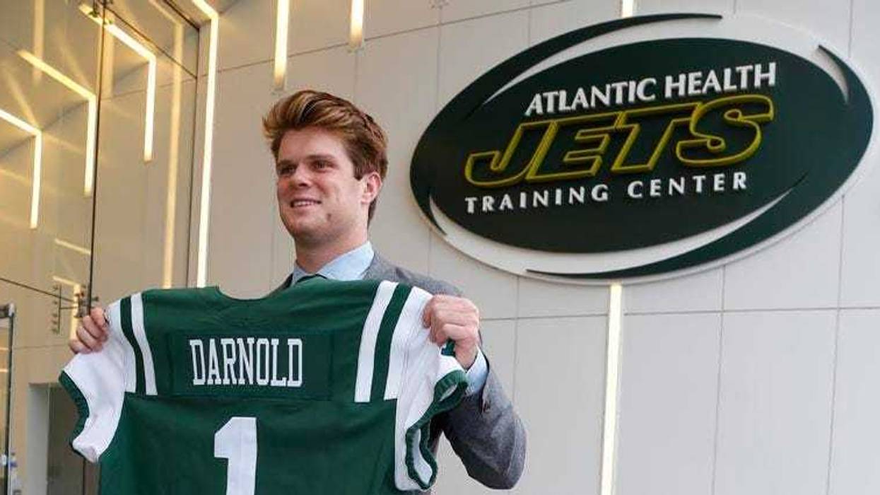 Sam Darnold poses for a photo at the Atlantic Health Jets Training Center in Florham Park, New Jersey, on April 27, 2018.