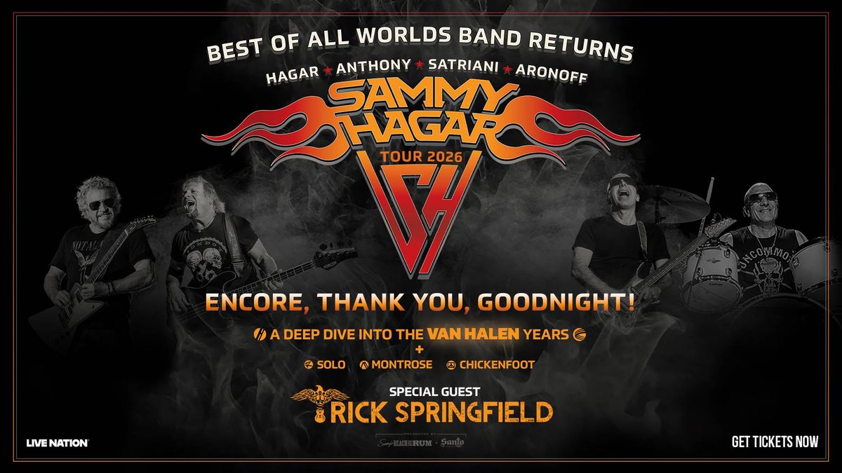Sammy Hagar 2026 tour poster: Best of All Worlds Band, Van Halen years, and Rick Springfield.