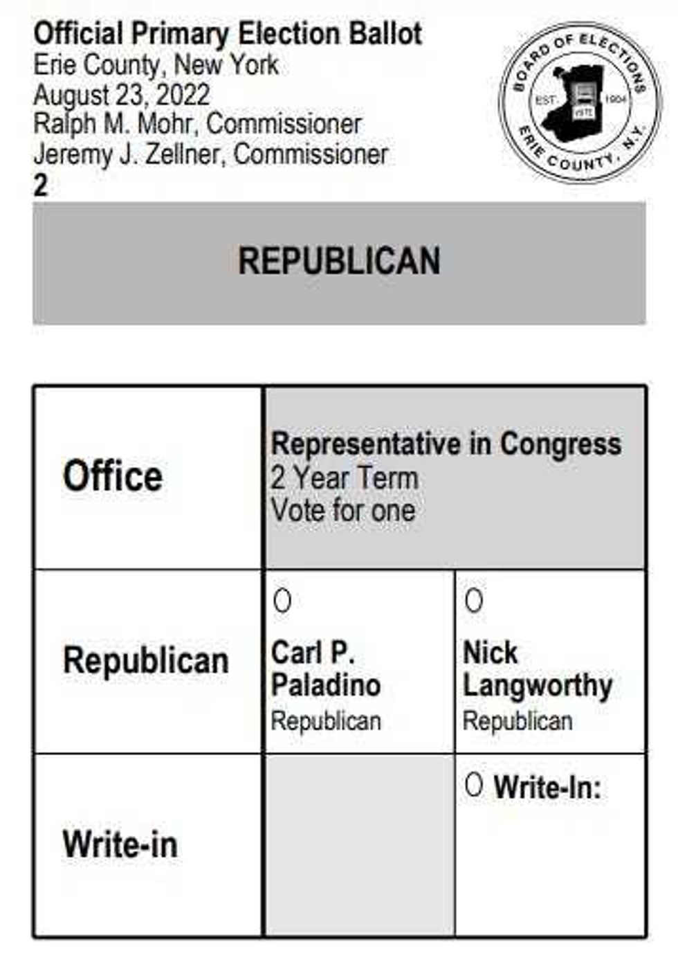 Sample ballot NY-23 Republican ballot