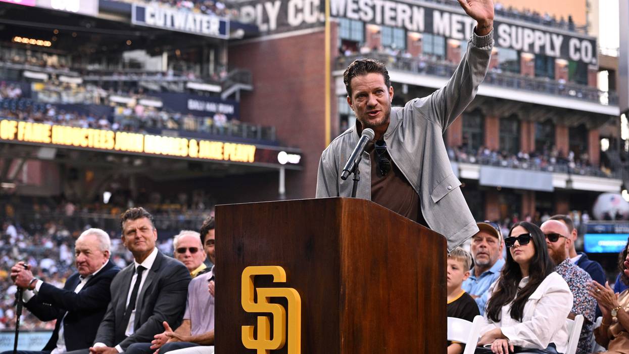 San Diego Padres former pitcher Jake Peavy waves to the crowd after being inducted into the Padres Hall of Fame before the game against the Texas Rangers at Petco Par
