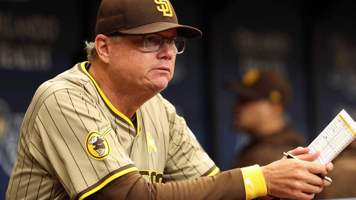 San Diego Padres manager Mike Shildt (8) looks on against the Tampa Bay Rays during the third inning at Tropicana Field.